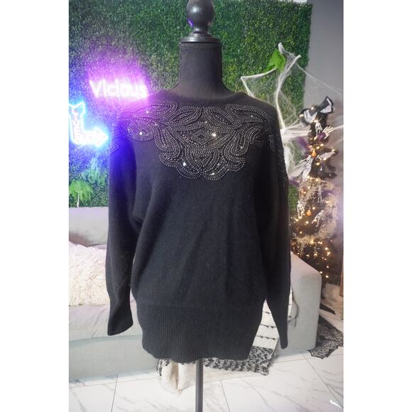 Vintage Black Lambs Wool Beaded Sweater - Picture 1 of 9